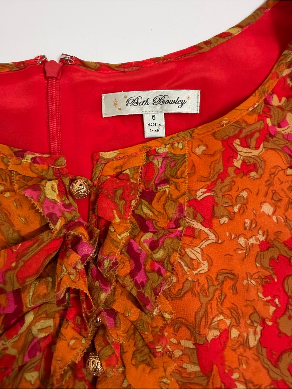 Beth Bowley 100% Silk Ruffle Front Mini Dress Orange Pink Boho Chic Size 6 - Picture 2 of 9